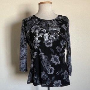 Coldwater Creek Black Print Double Layer Knit Tee with Embroidery & Sequins